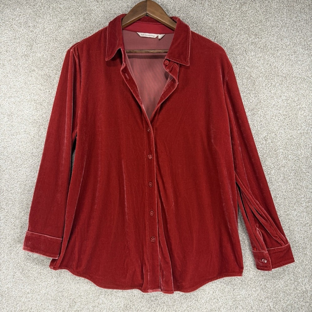 Soft Surroundings Boyfriend Shirt Button Down Petite L Velvet Coral Red Poet